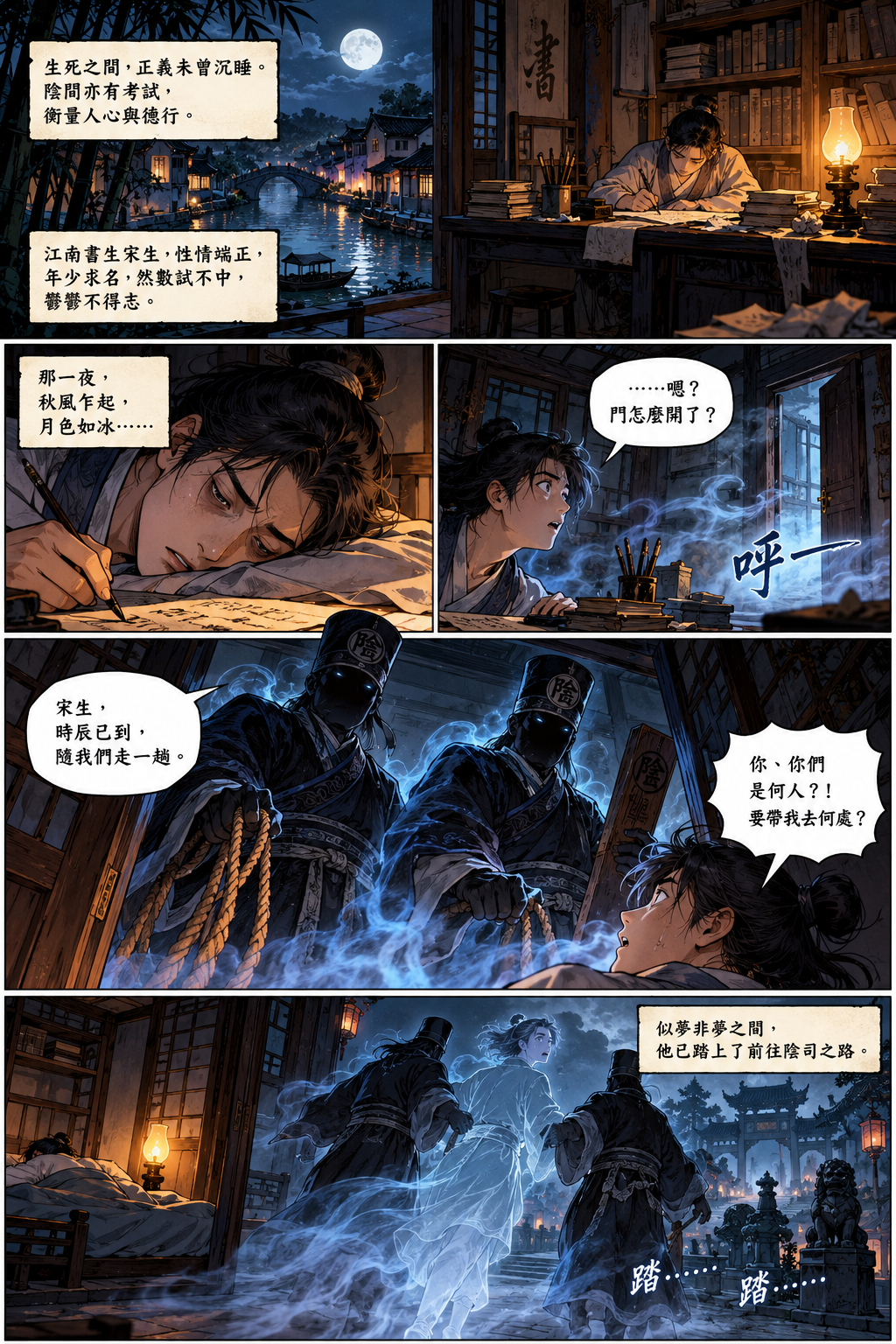 聊齋志異漫畫版｜考城隍第一頁：秋夜書生宋生在書房入睡，靈魂被陰司差役帶走