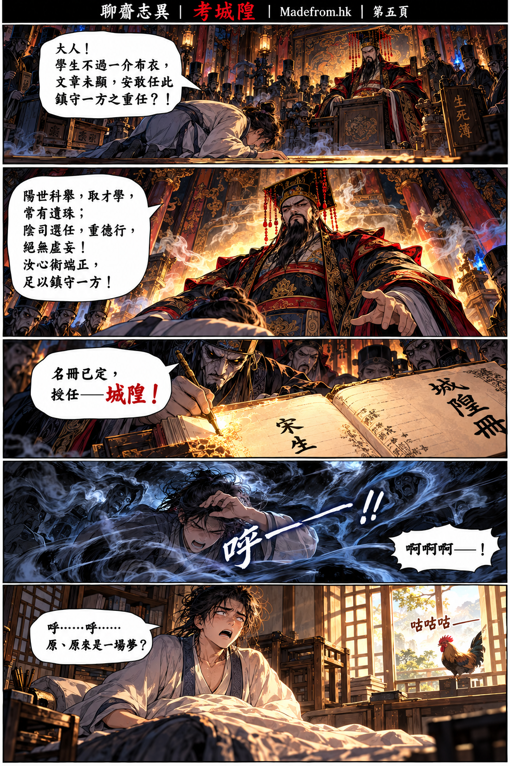 聊齋志異漫畫版｜考城隍第五頁：陰司授任宋生為城隍，宋生從黑風中驚醒