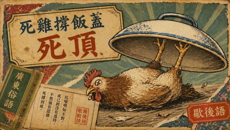 死雞誇張撐起飯蓋的復古插畫