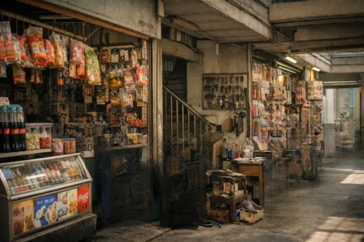 Small neighborhood shop inside Hong Kong public housing estate with shelves of snacks and daily goods