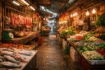 Busy Hong Kong wet market with vendors and customers interacting among fresh produce stalls