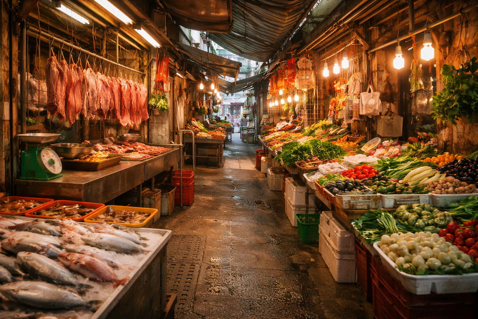 Busy Hong Kong wet market with vendors and customers interacting among fresh produce stalls