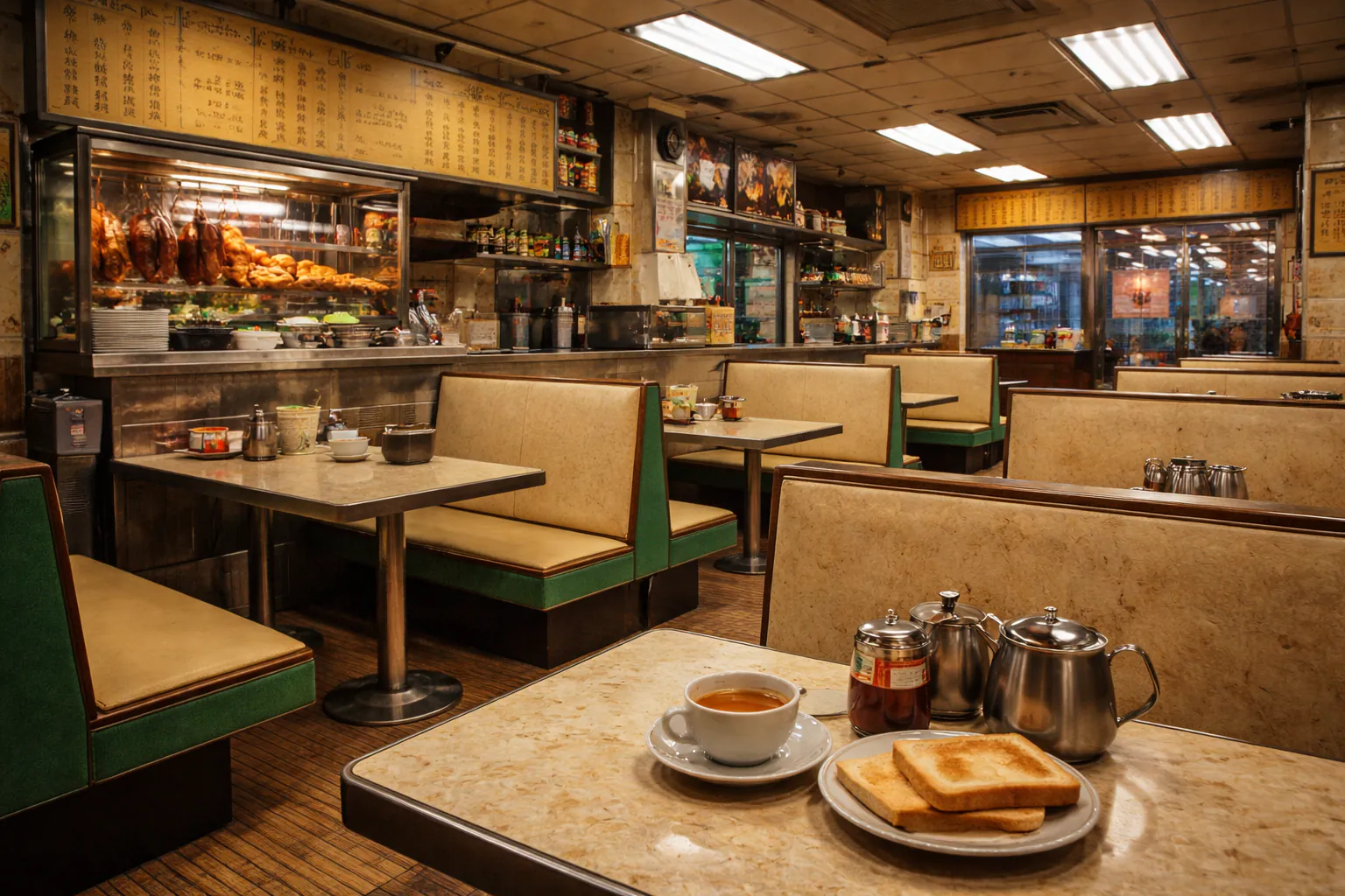 Interior of a traditional Hong Kong cha chaan teng with classic tiled walls and busy tables