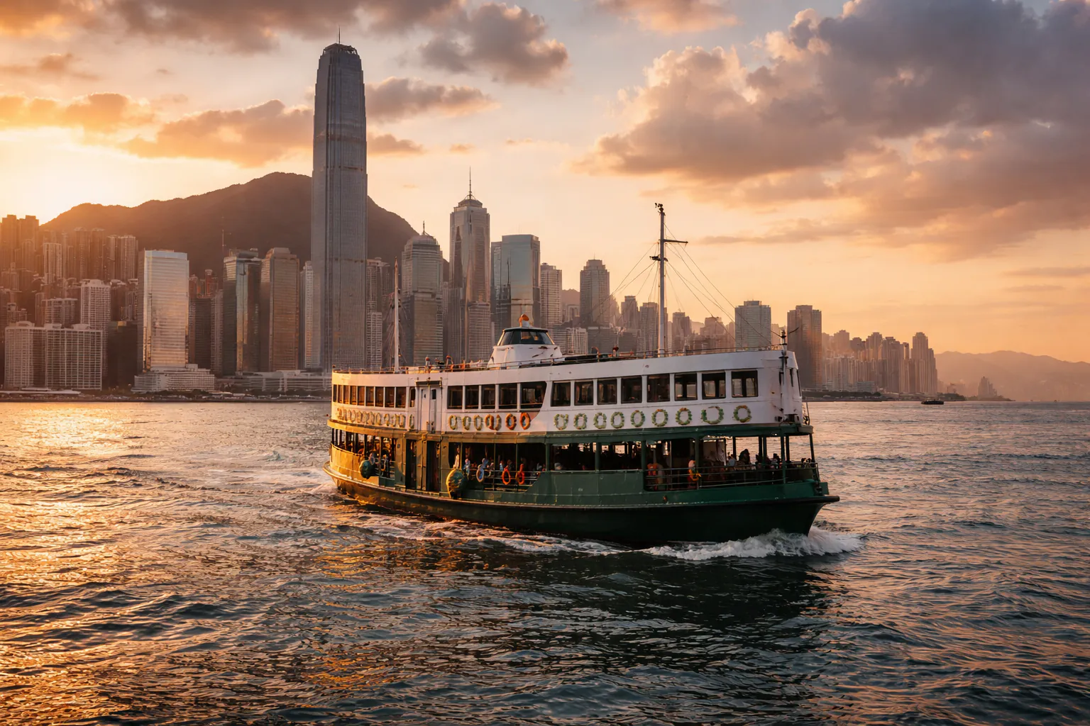 Star Ferry crossing Victoria Harbour with Hong Kong skyline in the background