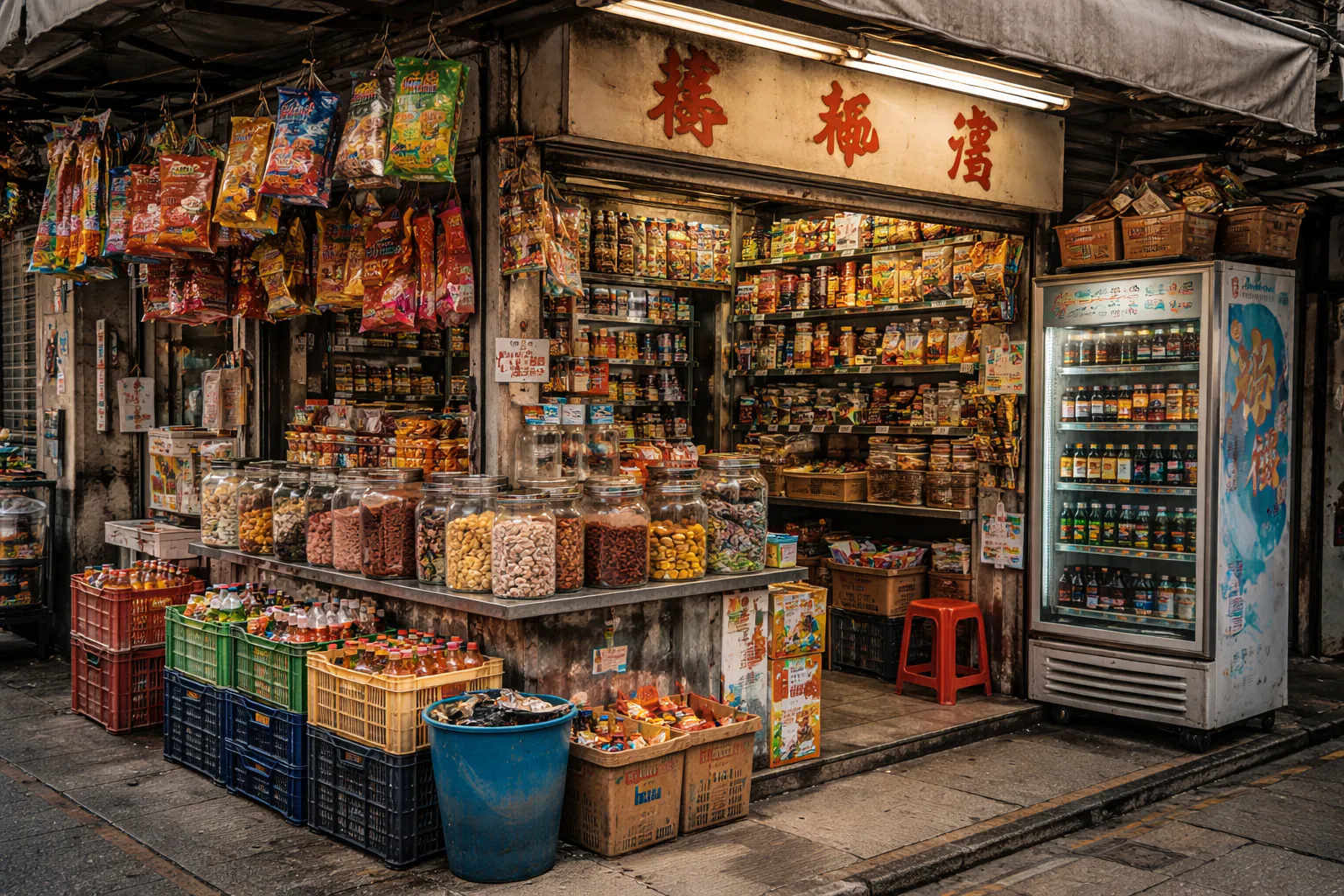 Traditional Hong Kong corner store filled with snacks and daily goods in a residential street