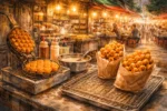 Hong Kong street vendor making egg puffs with a traditional iron mold