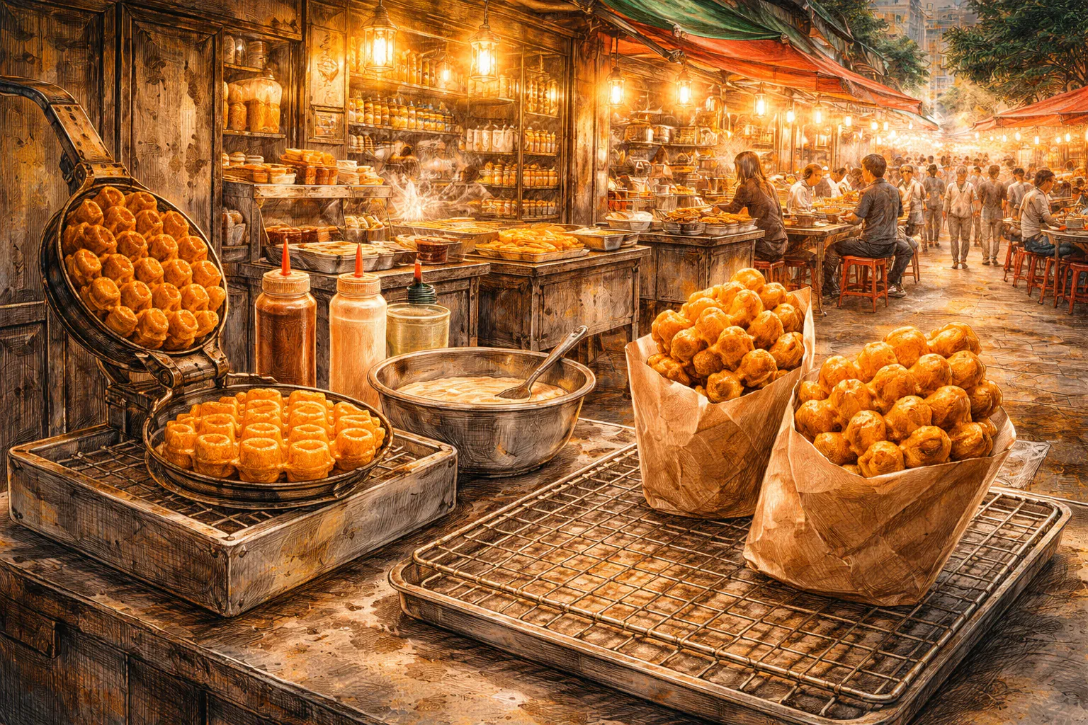 Hong Kong street vendor making egg puffs with a traditional iron mold