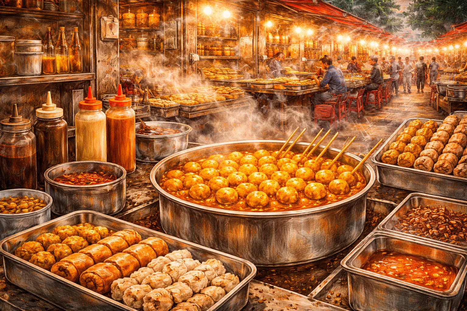 Hong Kong street fish ball stall with curry sauce and skewers in a busy urban setting