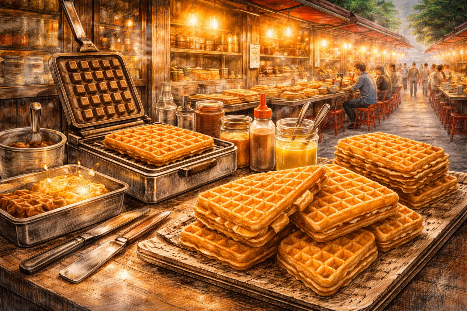 Traditional Hong Kong egg waffle stall with freshly made bubble waffles on the street