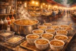 Traditional Hong Kong cart noodle stall with steaming broth and assorted ingredients