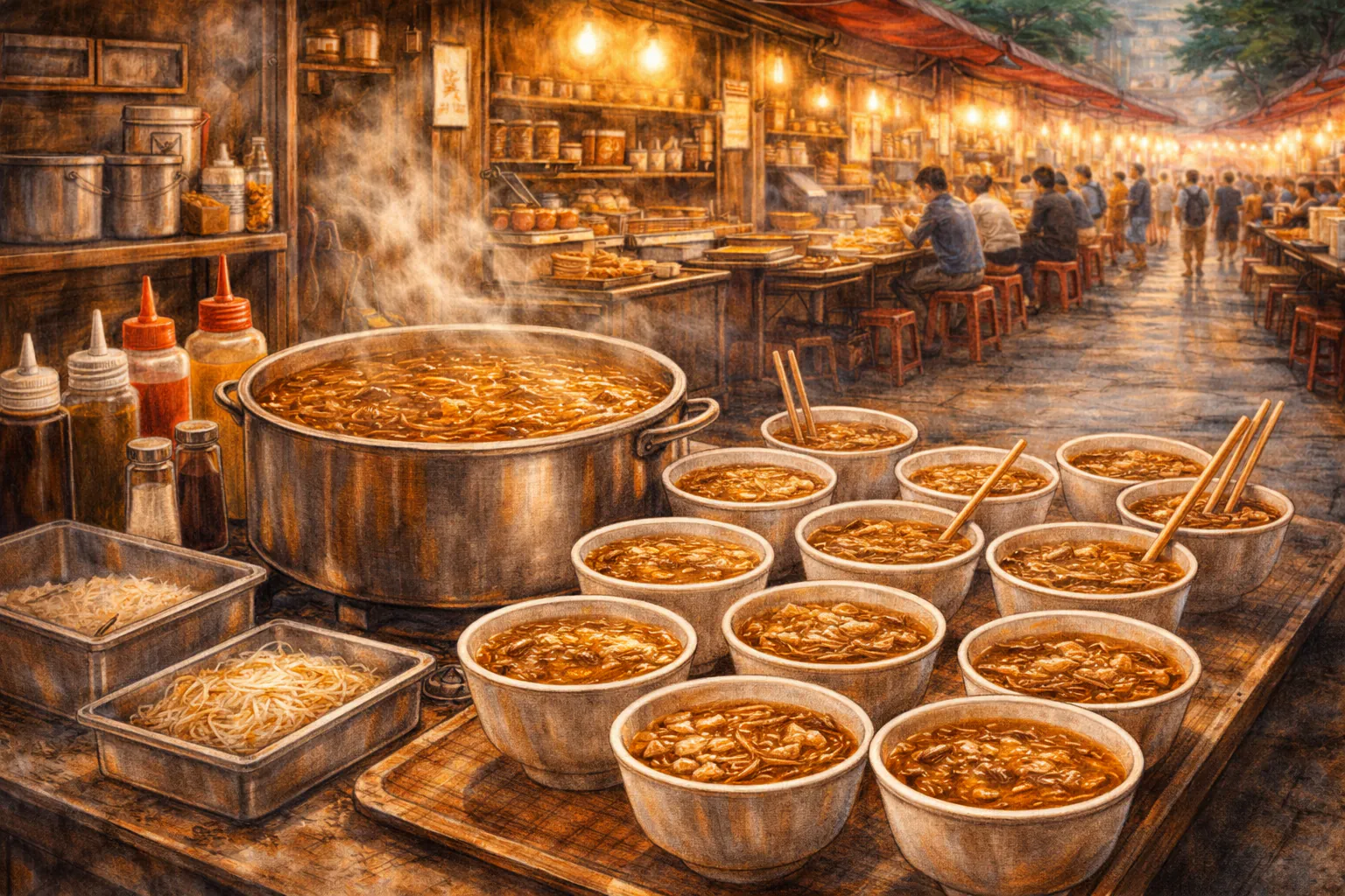 Traditional Hong Kong cart noodle stall with steaming broth and assorted ingredients