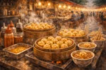 Steaming siu mai street stall in old Hong Kong with people gathering around