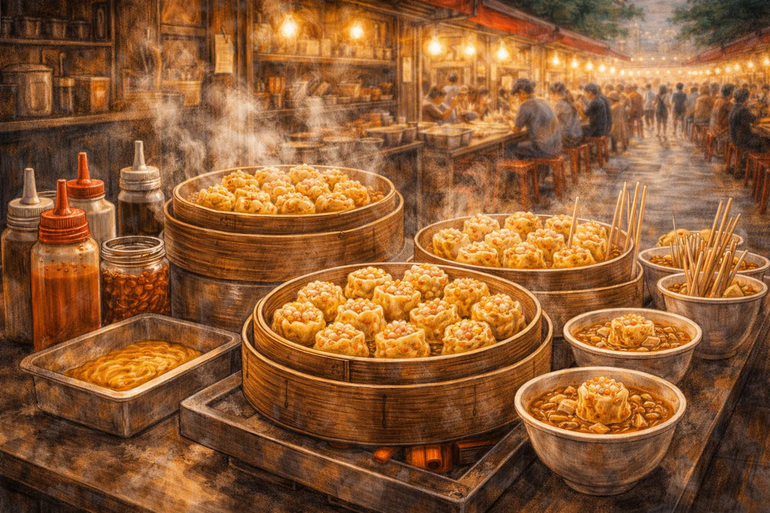 Steaming siu mai street stall in old Hong Kong with people gathering around