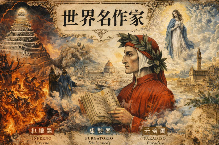 Dante Alighieri with symbolic journey through Hell Purgatory and Paradise