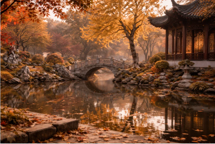 秋日空園湖面落葉與倒影，無人景象象徵失去