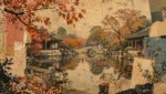 深秋園林湖面靜止與落葉，空無一人象徵與失去共存