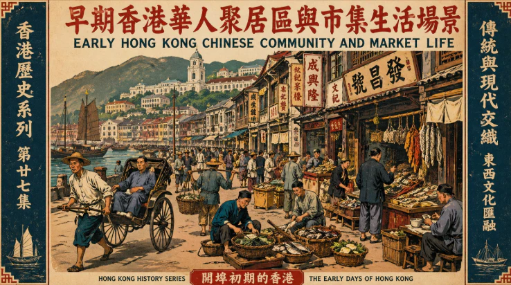 早期香港華人聚居區與市集生活場景
