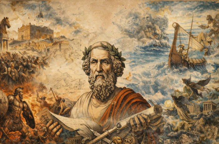 Homer with ancient Greek epic scenes of Iliad and Odyssey