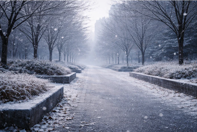 小雪時節微雪與寒冷空氣下的城市或自然景象
