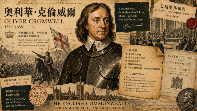 奧利華·克倫威爾與英格蘭內戰場景插畫
