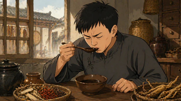 啞者品嚐苦味中藥的沉默畫面