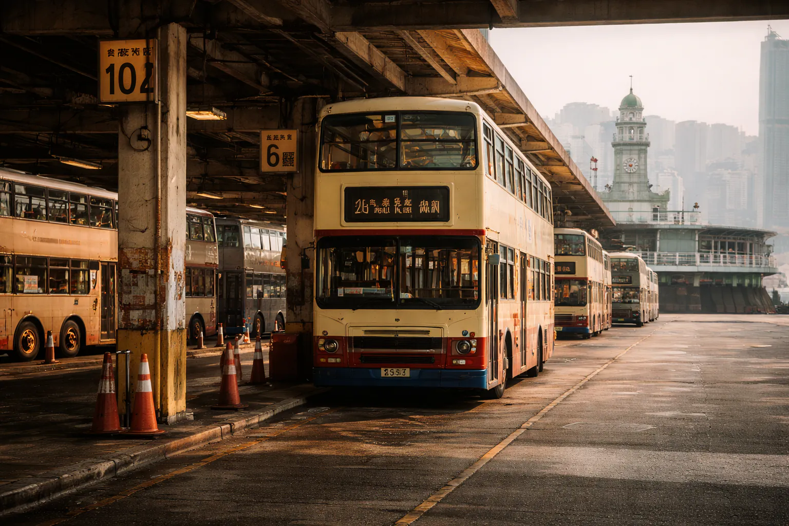 Hong Kong bus terminus with buses arriving and passengers waiting in a busy urban setting