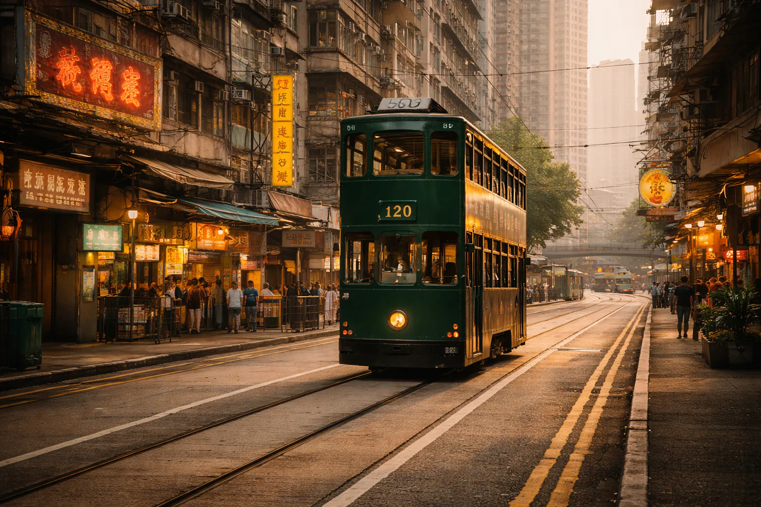 Hong Kong double-decker tram moving through city streets with passengers on upper deck
