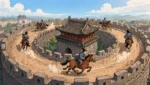 城樓上騎馬繞圈奔跑的畫面