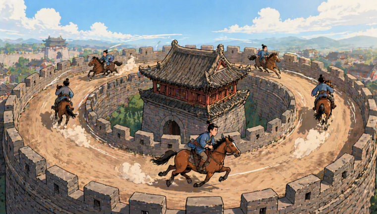 城樓上騎馬繞圈奔跑的畫面