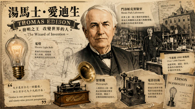 Thomas Edison portrait and inventions collage