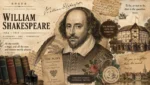 William Shakespeare portrait with Elizabethan theatre background
