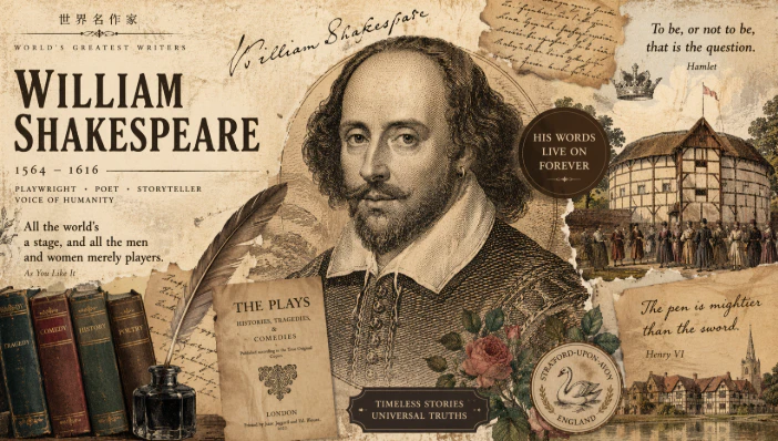 William Shakespeare portrait with Elizabethan theatre background