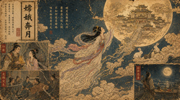 嫦娥奔月神話場景月宮與飛升身影