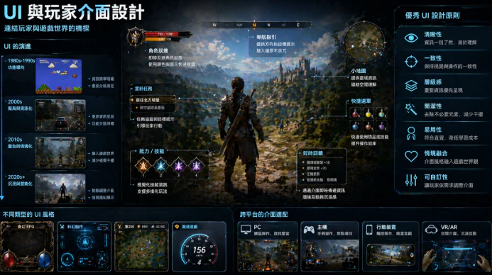 遊戲UI與玩家介面從功能到沉浸的演變示意圖