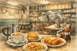 Hong Kong cha chaan teng table with milk tea and pineapple bun in a busy cafe setting
