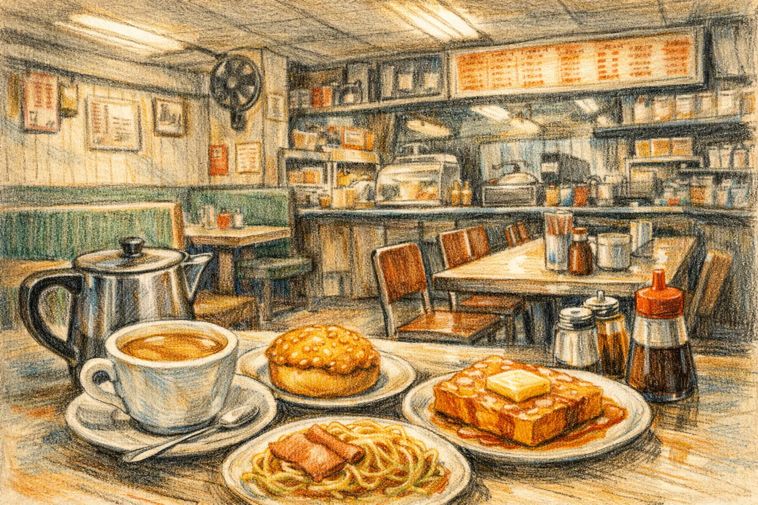 Hong Kong cha chaan teng table with milk tea and pineapple bun in a busy cafe setting