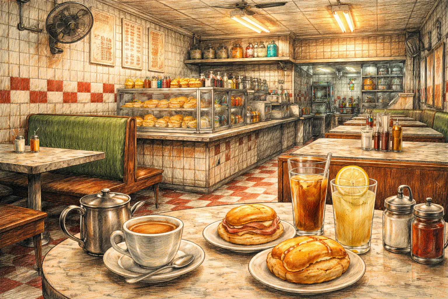 Traditional Hong Kong bing sutt interior with red and white tiles and cups of milk tea and coffee