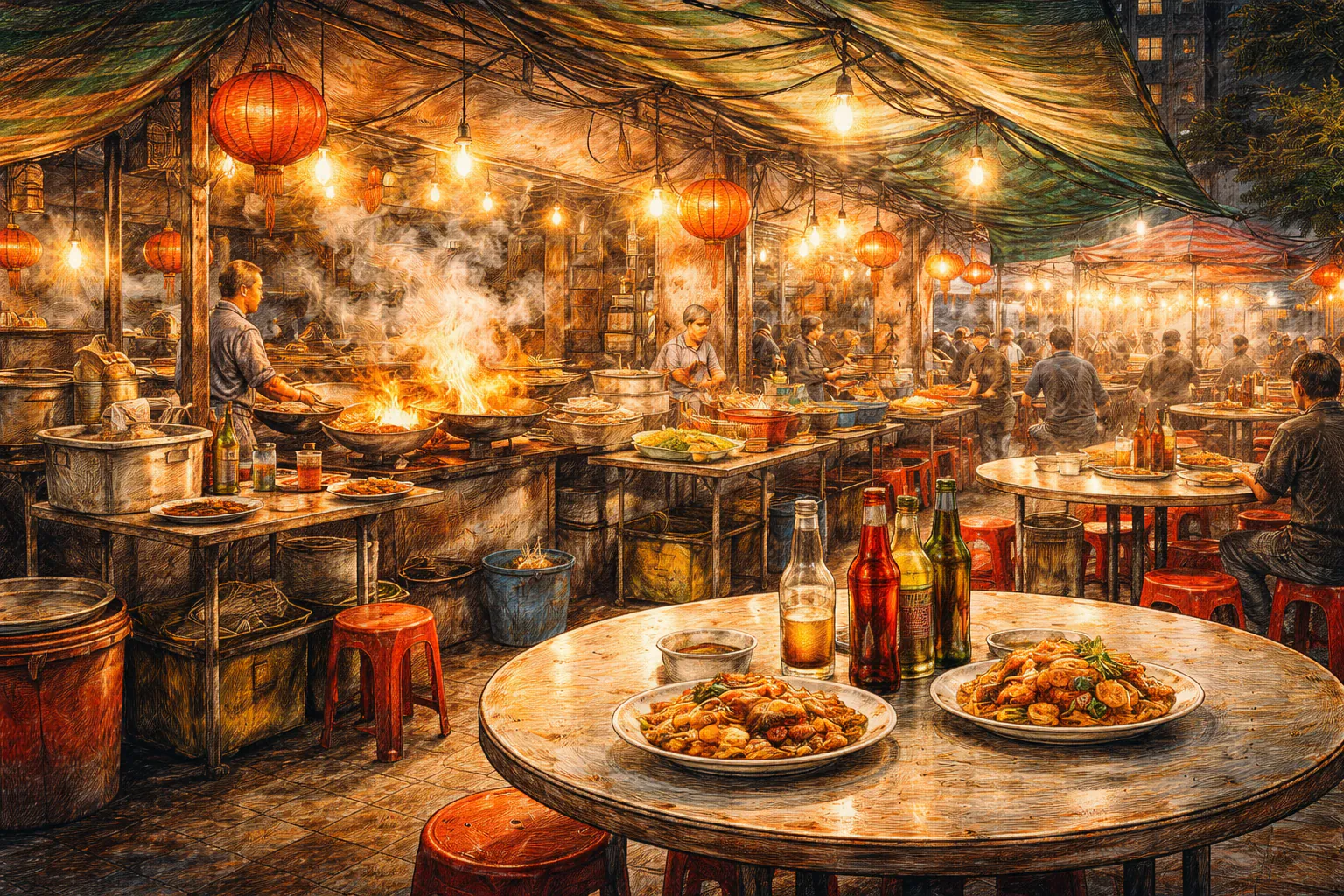 Traditional Hong Kong dai pai dong at night with chefs cooking over open flames and diners seated outdoors