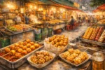 Hong Kong street food scene with curry fish balls and egg waffles stalls in a busy street