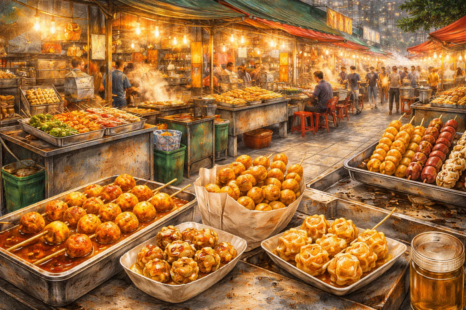 Hong Kong street food scene with curry fish balls and egg waffles stalls in a busy street