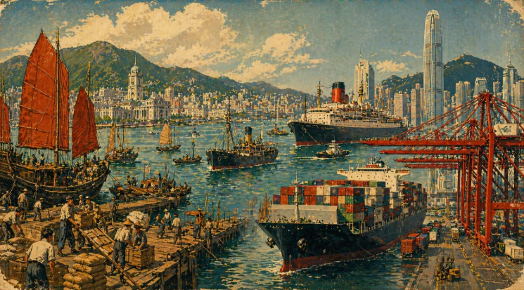 香港港口由早期帆船到現代貨櫃碼頭的發展場景