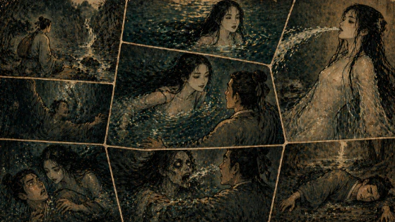 溪水中女子噴水幻化引誘書生的詭異場景