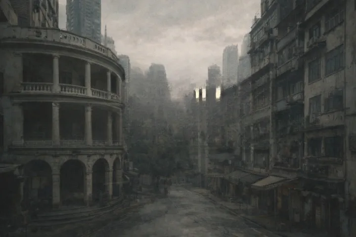 Old Hong Kong building with faded paint, balconies, and aged textures