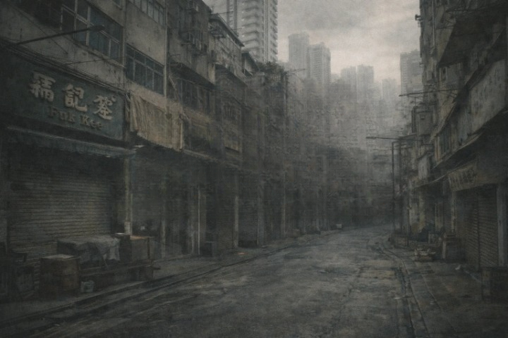 Old Hong Kong shop with traditional signage and worn interior in a quiet street