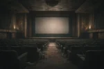 Old Hong Kong cinema with vintage seats and large screen filled with audience
