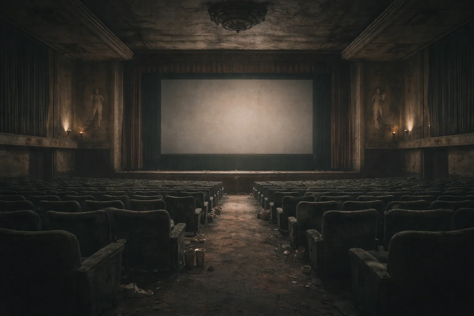 Old Hong Kong cinema with vintage seats and large screen filled with audience