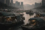 Hong Kong typhoon shelter with fishing boats and floating homes under calm water