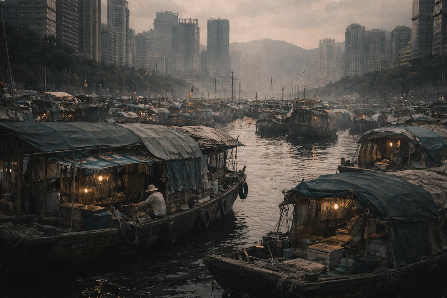 Hong Kong typhoon shelter with fishing boats and floating homes under calm water
