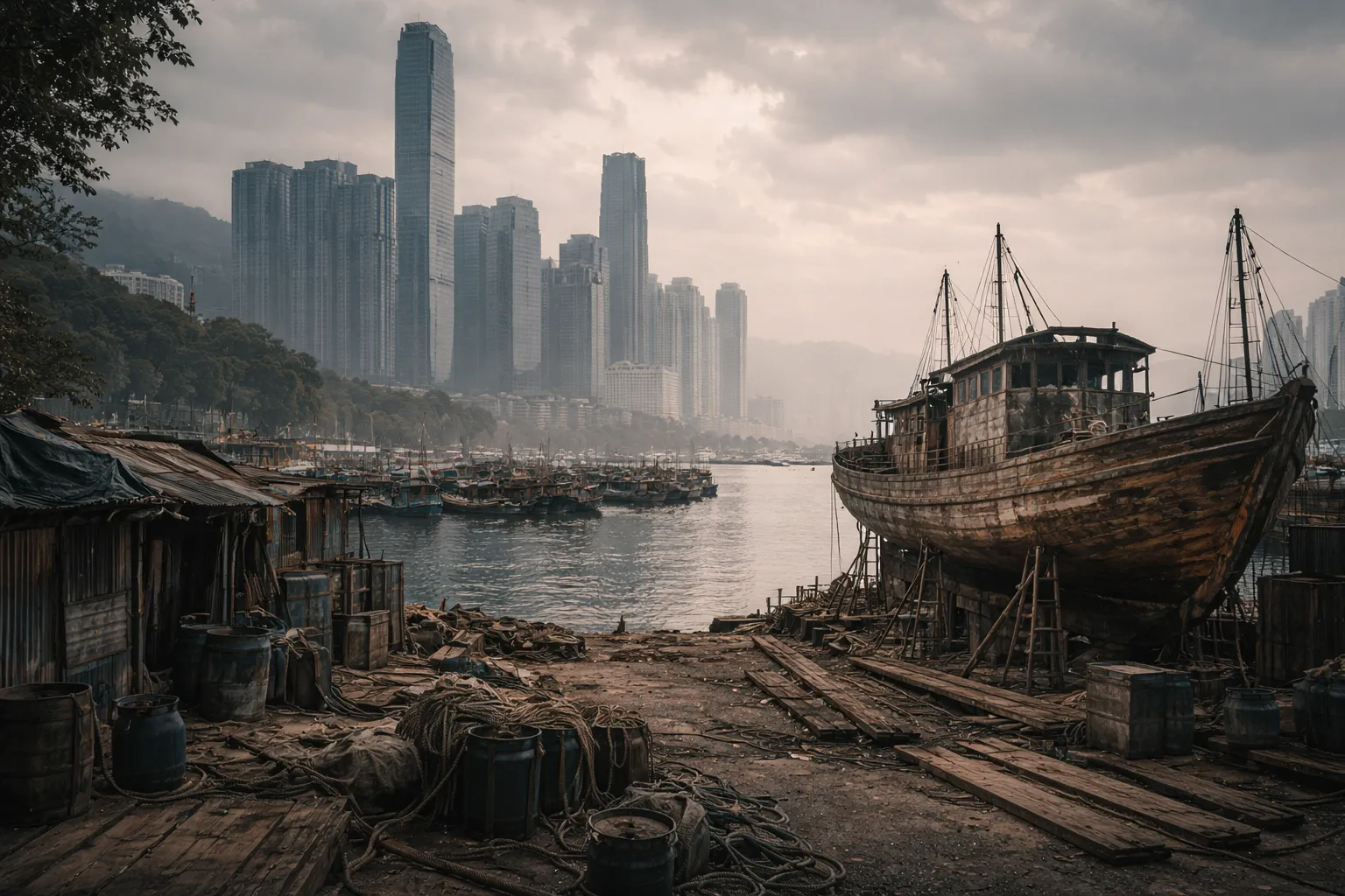 Hong Kong skyline rising from former coastal shoreline with contrast of old boats and modern buildings