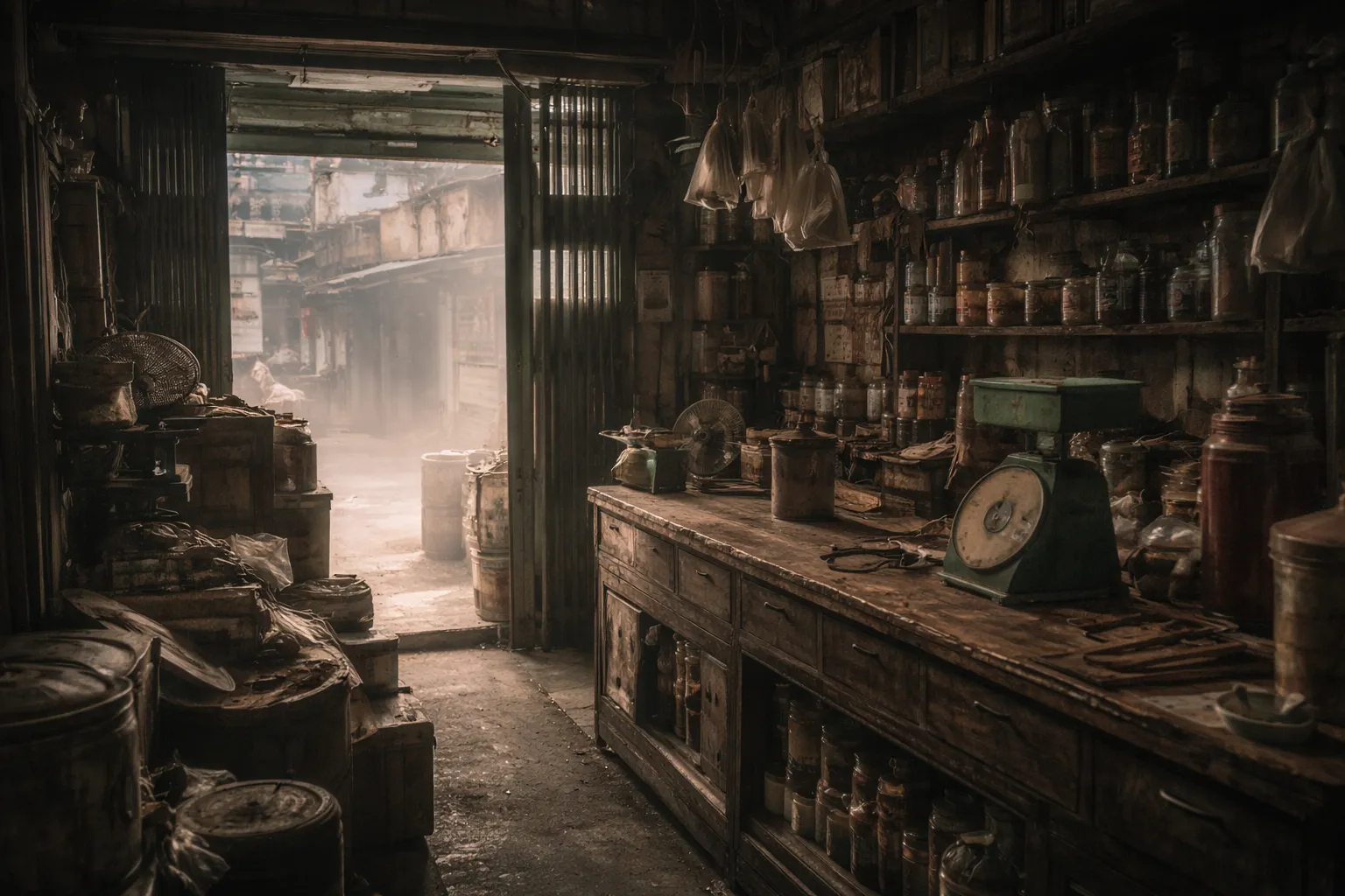 Empty Hong Kong street corner with closed shop and fading signage